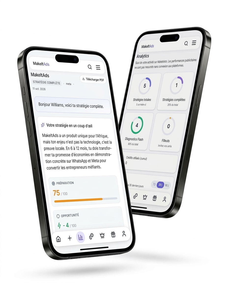 MakeItAds sur iPhone — Dashboard stratégie et Analytics